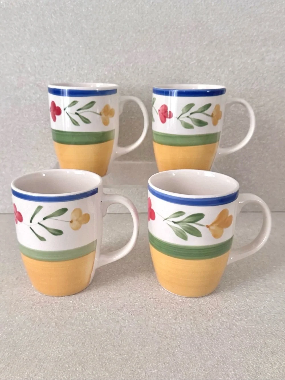 Vintage Pier 1 Hand Painted Floral Stoneware Mugs Yellow Green Blue Set of 4